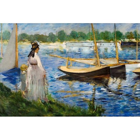 Banks of the Seine at Argenteuil White Modern Wood Framed Art Print by Manet, Edouard