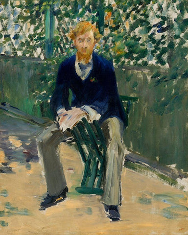 George Moore in the Artists Garden White Modern Wood Framed Art Print with Double Matting by Manet, Edouard