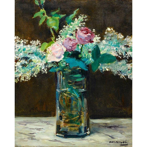 Vase of White Lilacs and Roses Black Modern Wood Framed Art Print with Double Matting by Manet, Edouard