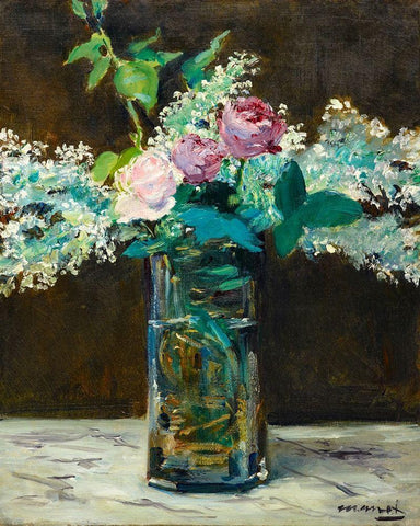 Vase of White Lilacs and Roses White Modern Wood Framed Art Print with Double Matting by Manet, Edouard