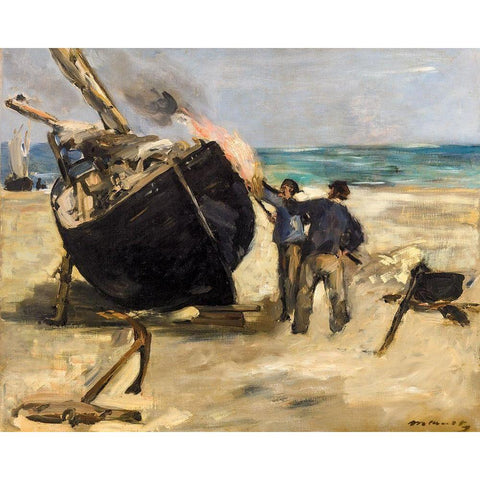 Tarring the BoatÂ  Gold Ornate Wood Framed Art Print with Double Matting by Manet, Edouard