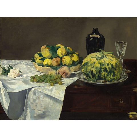 Still Life with Melon and Peaches Black Modern Wood Framed Art Print with Double Matting by Manet, Edouard