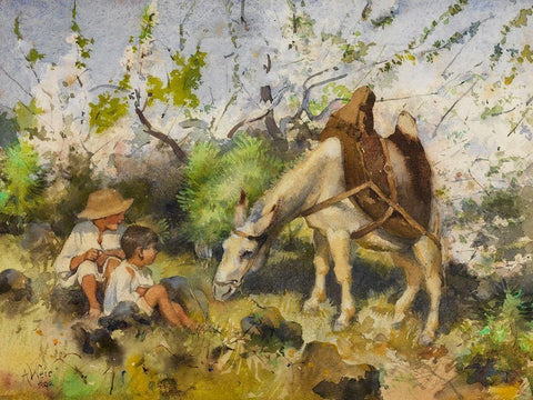 Summer landscape with children and donkey White Modern Wood Framed Art Print with Double Matting by Weir, J Alden