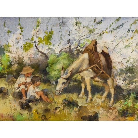 Summer landscape with children and donkey White Modern Wood Framed Art Print by Weir, J Alden