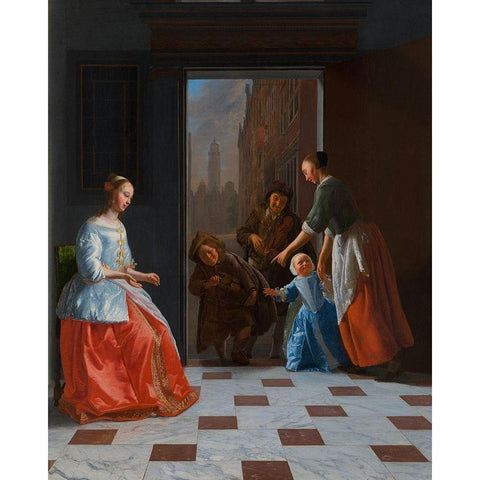 Street Musicians at the Door Black Modern Wood Framed Art Print by Octhtervelt, Jacob