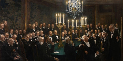 A meeting in the Royal Danish Academy of Sciences and Letters Black Ornate Wood Framed Art Print with Double Matting by Kroyer, Peder Severin