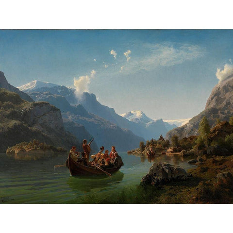 Bridal Procession on the Hardangerfjord Black Modern Wood Framed Art Print by Tidemand, Adolph