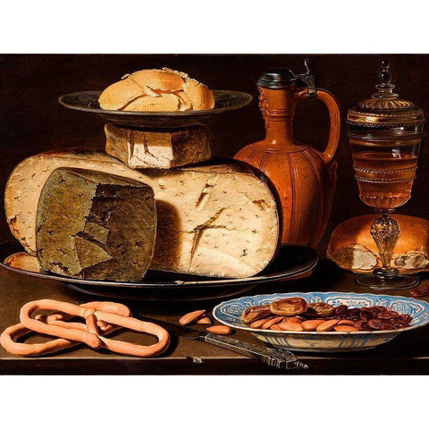 Still Life with Cheeses, Almonds and Pretzels Gold Ornate Wood Framed Art Print with Double Matting by Peeters, Clara