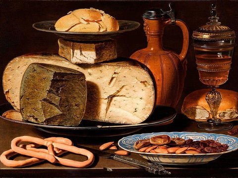 Still Life with Cheeses, Almonds and Pretzels Black Ornate Wood Framed Art Print with Double Matting by Peeters, Clara