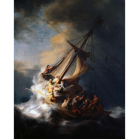 Christ in the Storm on the Lake of Galilee Black Modern Wood Framed Art Print with Double Matting by Rembrandt