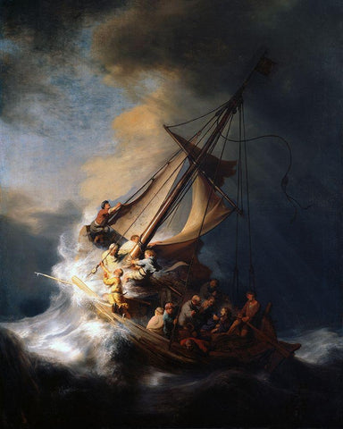 Christ in the Storm on the Lake of Galilee White Modern Wood Framed Art Print with Double Matting by Rembrandt