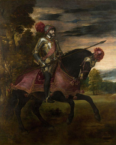 Equestrian Portrait of Charles V Black Ornate Wood Framed Art Print with Double Matting by Titian