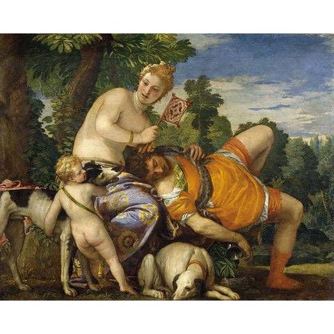 Venus and Adonis Gold Ornate Wood Framed Art Print with Double Matting by Veronese, Paolo