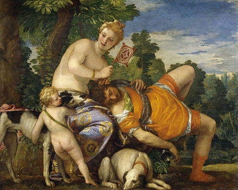 Venus and Adonis Black Ornate Wood Framed Art Print with Double Matting by Veronese, Paolo