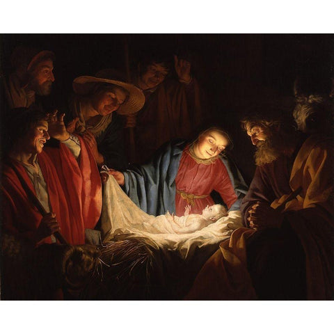 Adoration of the Shepherds Black Modern Wood Framed Art Print with Double Matting by van Honthorst, Gerard