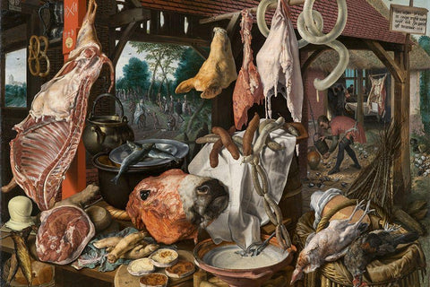 A Meat Stall with the Holy Family Giving Alms White Modern Wood Framed Art Print with Double Matting by Aertsen, Pieter