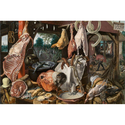 A Meat Stall with the Holy Family Giving Alms Black Modern Wood Framed Art Print with Double Matting by Aertsen, Pieter