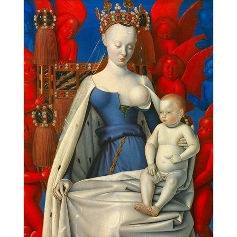 Virgin and Child Surrounded by Angels White Modern Wood Framed Art Print by Fouquet, Jean