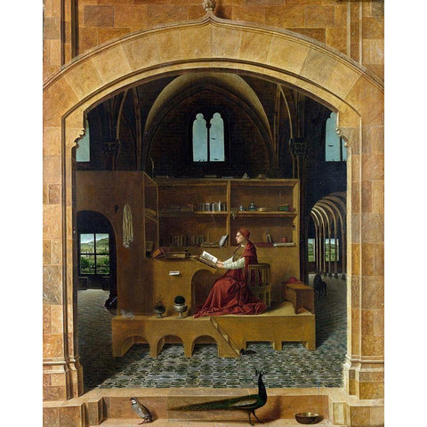 Saint Jerome in his Study Black Modern Wood Framed Art Print with Double Matting by da Messina, Antonello