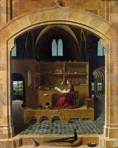 Saint Jerome in his Study Black Ornate Wood Framed Art Print with Double Matting by da Messina, Antonello