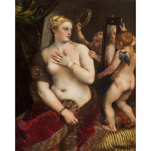 Venus with a Mirror Gold Ornate Wood Framed Art Print with Double Matting by Titian