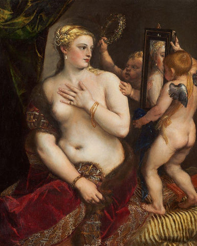 Venus with a Mirror Black Ornate Wood Framed Art Print with Double Matting by Titian