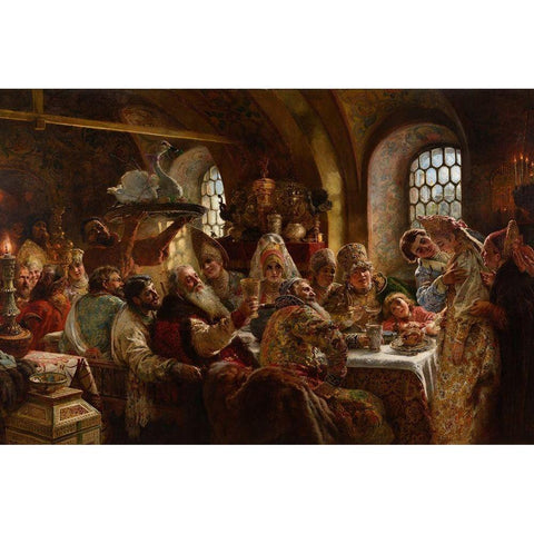 A Boyar Wedding Feast White Modern Wood Framed Art Print by Makovsky, Konstantin