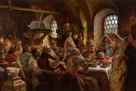 A Boyar Wedding Feast White Modern Wood Framed Art Print with Double Matting by Makovsky, Konstantin