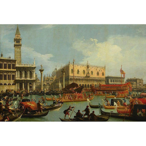 The Return of the Bucentaur to the Molo on Ascension Day White Modern Wood Framed Art Print by Canaletto