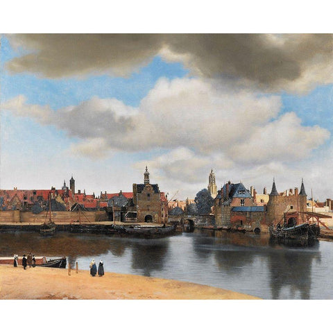 View of Delft Gold Ornate Wood Framed Art Print with Double Matting by Vermeer, Johannes