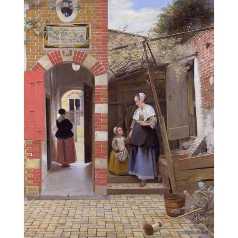 The Courtyard of a House in Delft Black Modern Wood Framed Art Print by de Hooch, Pieter