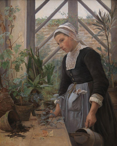 Brittany girl arranges plants in a greenhouse White Modern Wood Framed Art Print with Double Matting by Petersen, Anna