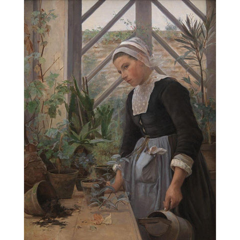 Brittany girl arranges plants in a greenhouse Black Modern Wood Framed Art Print by Petersen, Anna