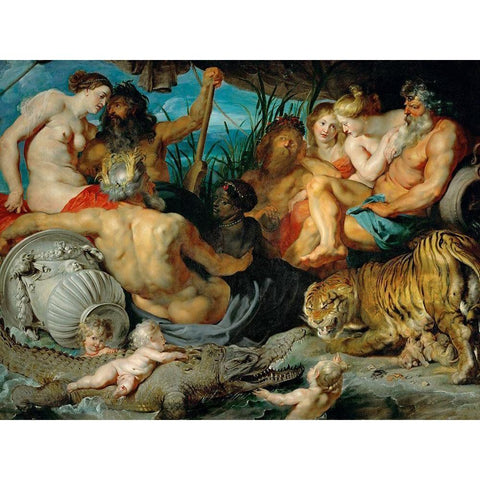 The Four Rivers of Paradise White Modern Wood Framed Art Print by Rubens, Peter Paul