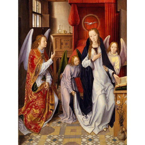 The Annunciation Gold Ornate Wood Framed Art Print with Double Matting by Memling, Hans