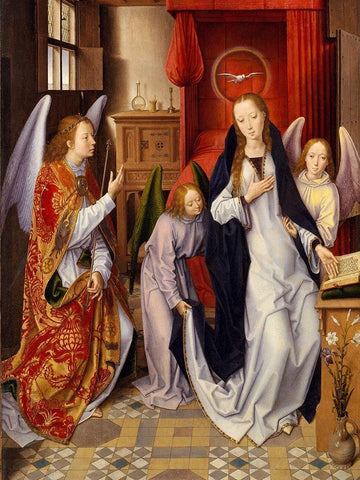 The Annunciation White Modern Wood Framed Art Print with Double Matting by Memling, Hans