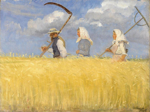 Harvesters White Modern Wood Framed Art Print with Double Matting by Ancher, Anna