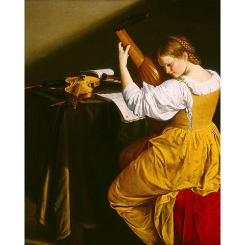 The Lute Player Gold Ornate Wood Framed Art Print with Double Matting by Gentileschi, Orazio