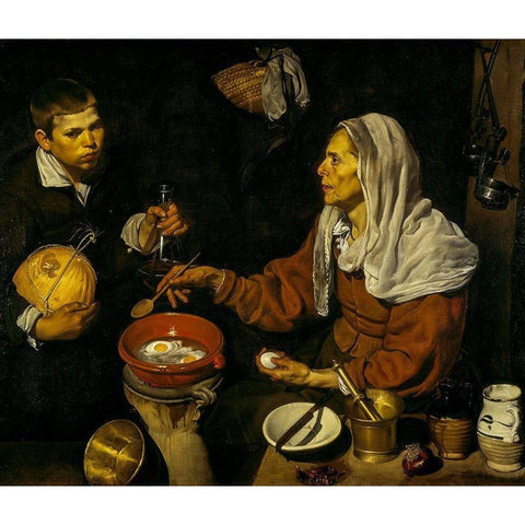 Old Woman Frying Eggs Black Modern Wood Framed Art Print with Double Matting by Velazquez, Diego