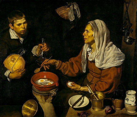 Old Woman Frying Eggs Black Ornate Wood Framed Art Print with Double Matting by Velazquez, Diego