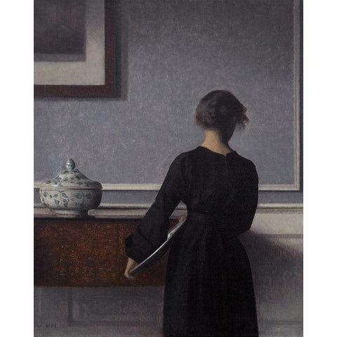 Interior with Young Woman Seen from the Back White Modern Wood Framed Art Print by Hammershoi, Vilhelm