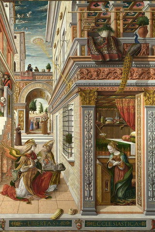 The Annunciation, with Saint Emidius Black Ornate Wood Framed Art Print with Double Matting by Crivelli, Carlo