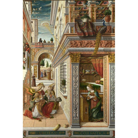 The Annunciation, with Saint Emidius White Modern Wood Framed Art Print by Crivelli, Carlo