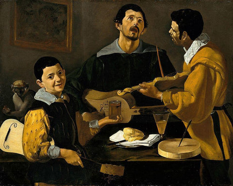 The Three Musicians Black Ornate Wood Framed Art Print with Double Matting by Velazquez, Diego