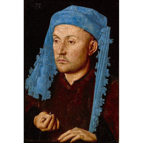 Portrait of a Man with a Blue Chaperon Gold Ornate Wood Framed Art Print with Double Matting by van Eyck, Jan