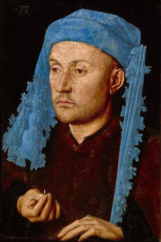 Portrait of a Man with a Blue Chaperon White Modern Wood Framed Art Print with Double Matting by van Eyck, Jan