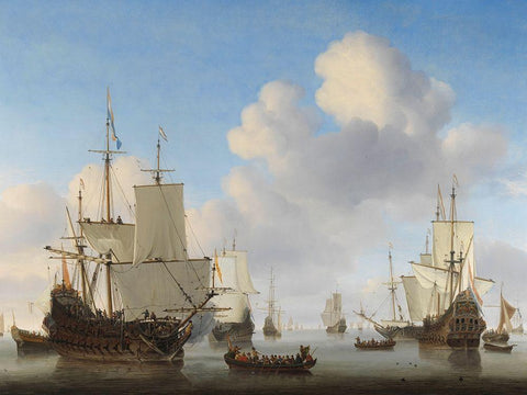 Dutch Ships in a Calm Sea Black Ornate Wood Framed Art Print with Double Matting by van de Velde, Willem the Younger