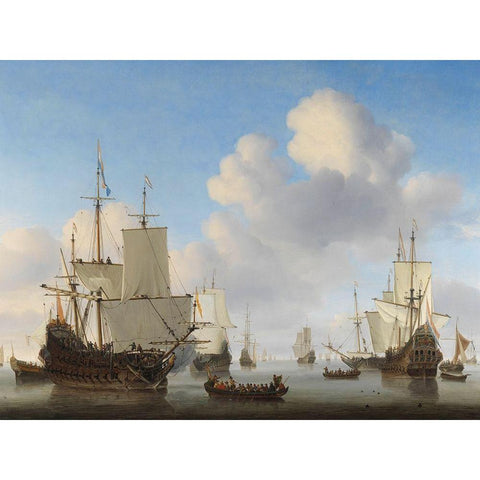 Dutch Ships in a Calm Sea Gold Ornate Wood Framed Art Print with Double Matting by van de Velde, Willem the Younger