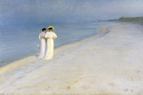 Summer evening on Skagens Beach White Modern Wood Framed Art Print with Double Matting by Kroyer, Peder Severin