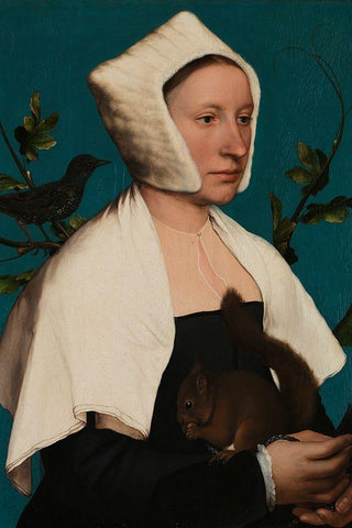 Portrait of a Lady with a Squirrel and a Starling White Modern Wood Framed Art Print with Double Matting by Holbein, Hans